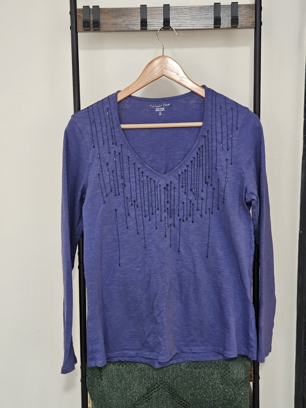Coldwater Creek Deep Purple Long Sleeve V-Neck Top with Beaded Fringe